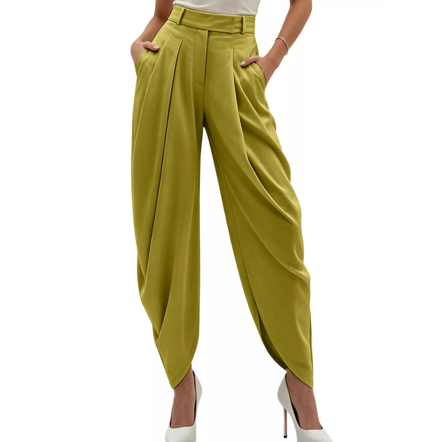 High-Waisted Pleated Drape Pants Yellow Green / S Apparel and Accessories