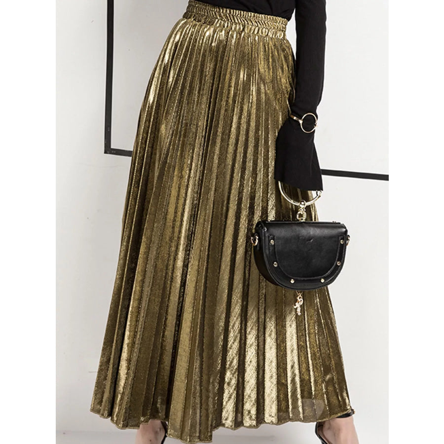 High-Waisted Pleated Maxi Skirt Elegant Gold / S Apparel and Accessories