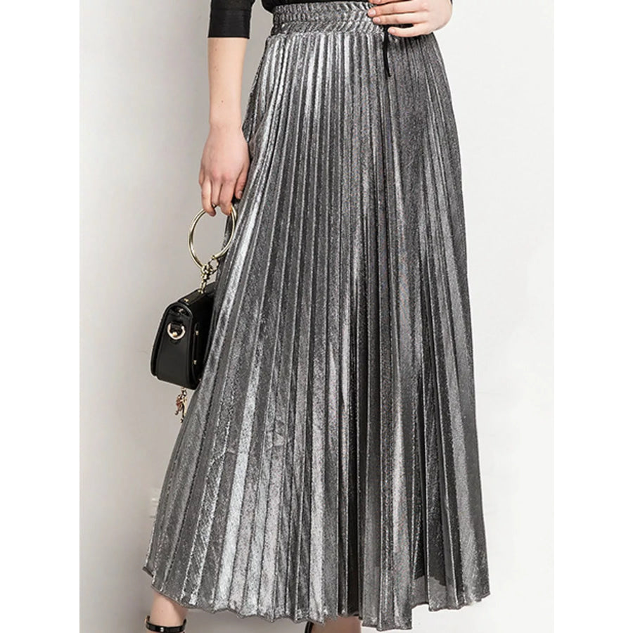 High-Waisted Pleated Maxi Skirt Glamorous Silver / S Apparel and Accessories