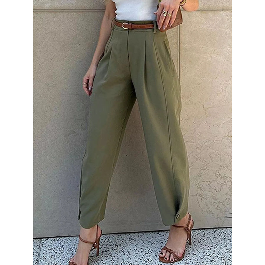 High-Waisted Pleated Pants Army Green / S Apparel and Accessories