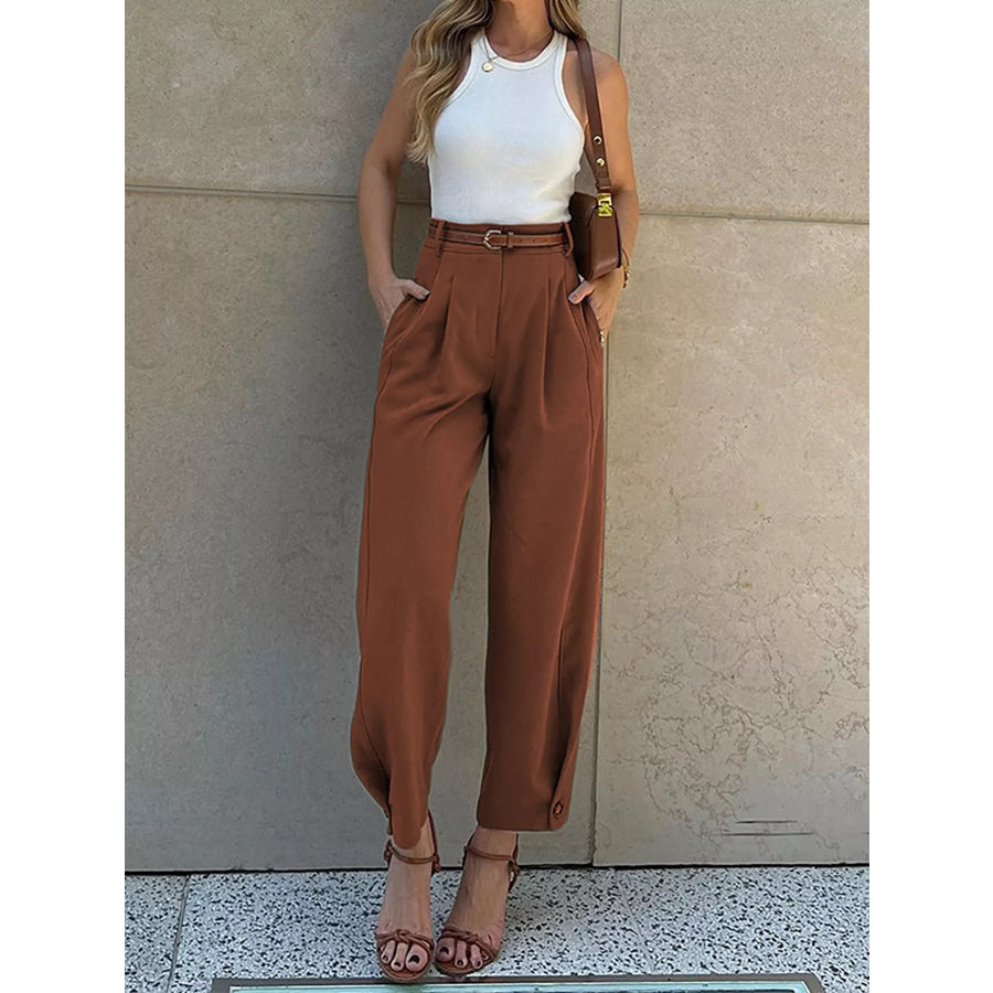 High-Waisted Pleated Pants Brown / S Apparel and Accessories
