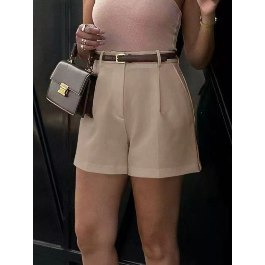 High-Waisted Pleated Shorts Khaki / S Apparel and Accessories