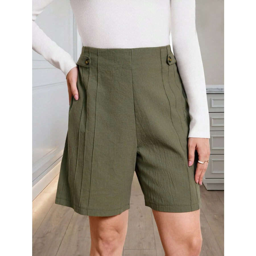 High-Waisted Pleated Shorts with Button Detail Army Green / S Apparel and Accessories