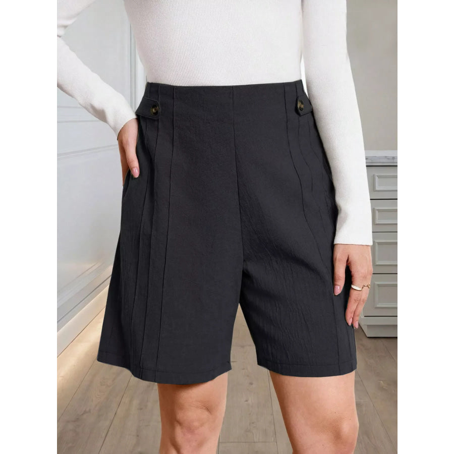 High-Waisted Pleated Shorts with Button Detail Black / S Apparel and Accessories