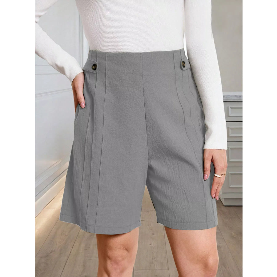 High-Waisted Pleated Shorts with Button Detail Space Gray / S Apparel and Accessories