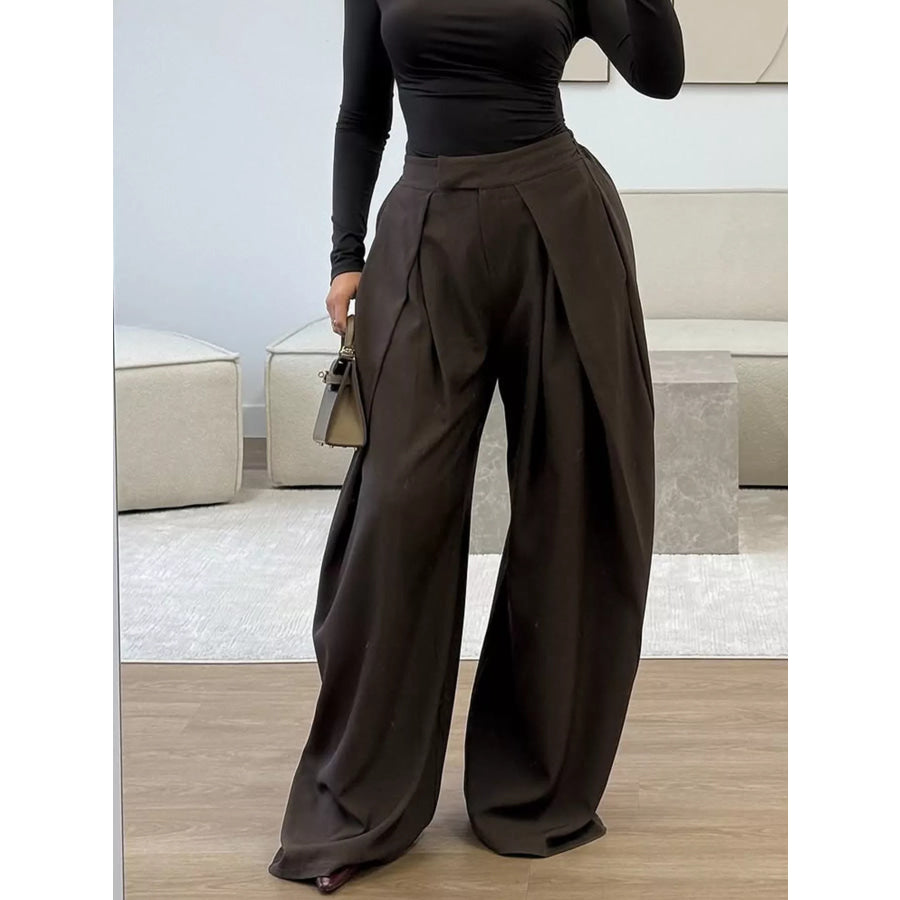 High-Waisted Pleated Wide-Leg Pants Gray / S Apparel and Accessories