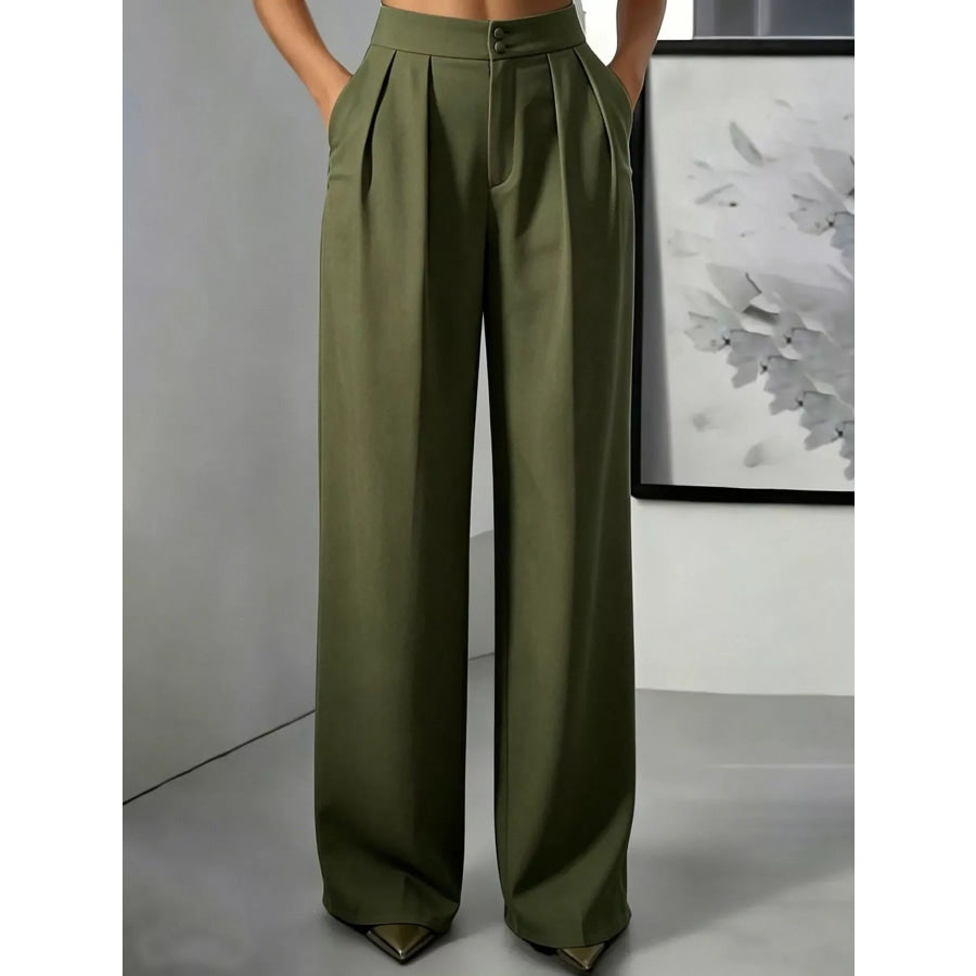 High-Waisted Pleated Wide-Leg Pants Army Green / S Apparel and Accessories