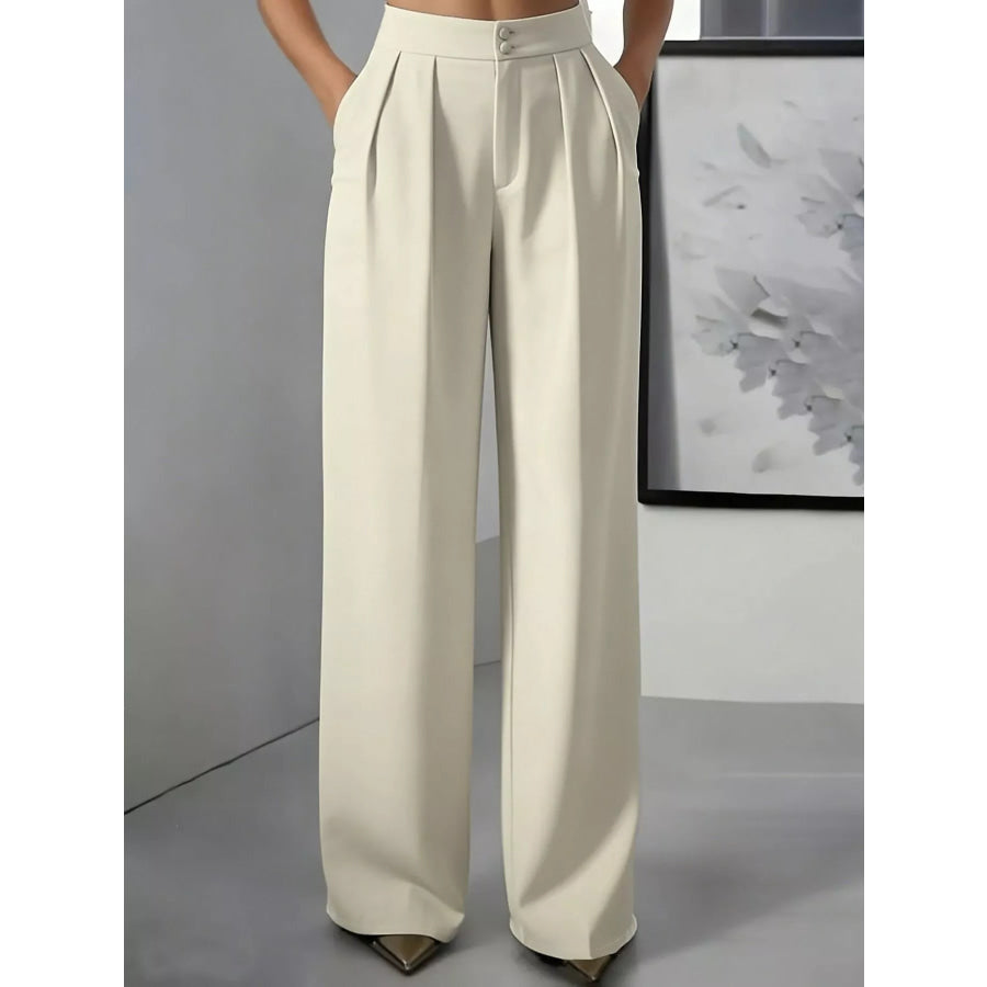 High-Waisted Pleated Wide-Leg Pants Beige / S Apparel and Accessories