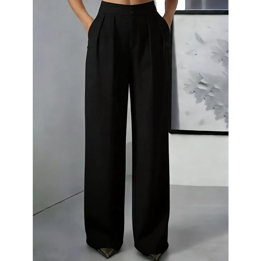 High-Waisted Pleated Wide-Leg Pants Black / S Apparel and Accessories