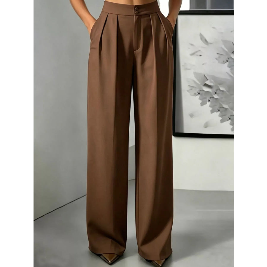 High-Waisted Pleated Wide-Leg Pants Brown / S Apparel and Accessories