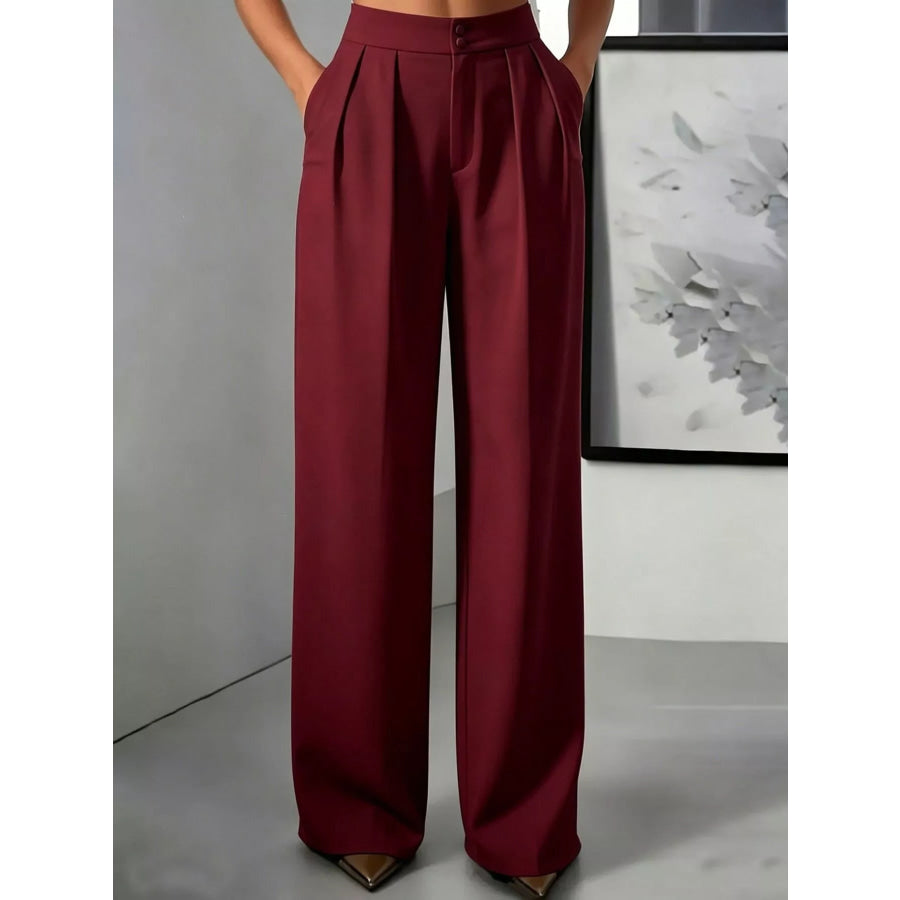 High-Waisted Pleated Wide-Leg Pants Burgundy / S Apparel and Accessories
