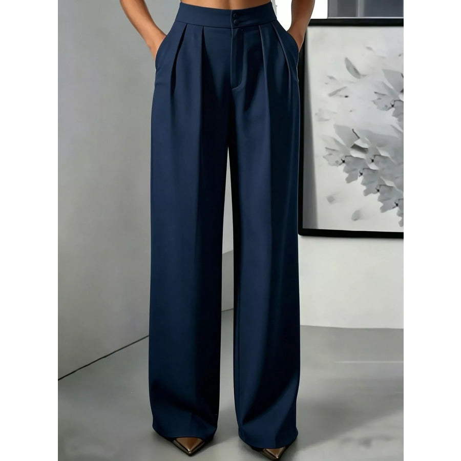 High-Waisted Pleated Wide-Leg Pants Dark Blue / S Apparel and Accessories