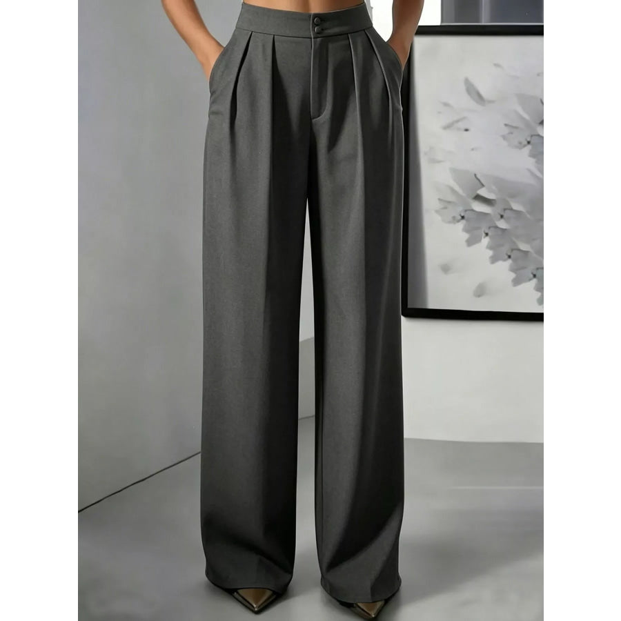 High-Waisted Pleated Wide-Leg Pants Dark Gray / S Apparel and Accessories
