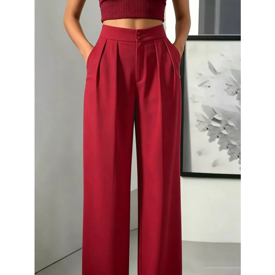 High-Waisted Pleated Wide-Leg Pants Deep Red / S Apparel and Accessories