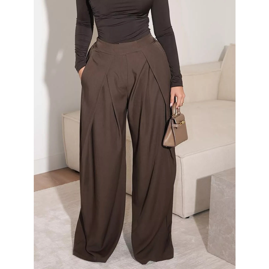 High-Waisted Pleated Wide-Leg Pants Gray / S Apparel and Accessories