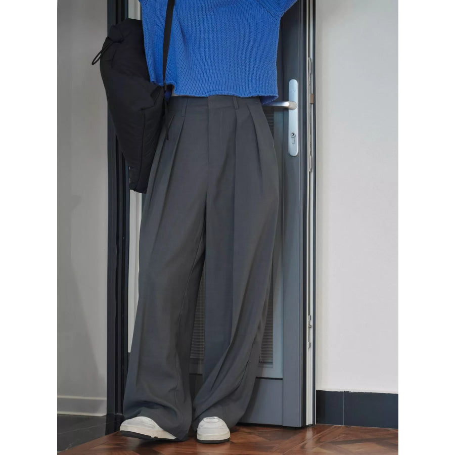 High-Waisted Pleated Wide-Leg Pants Gray / S Apparel and Accessories