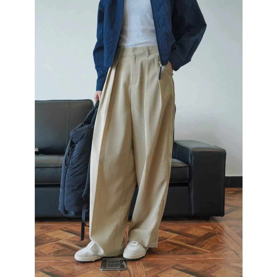 High-Waisted Pleated Wide-Leg Pants Khaki / S Apparel and Accessories