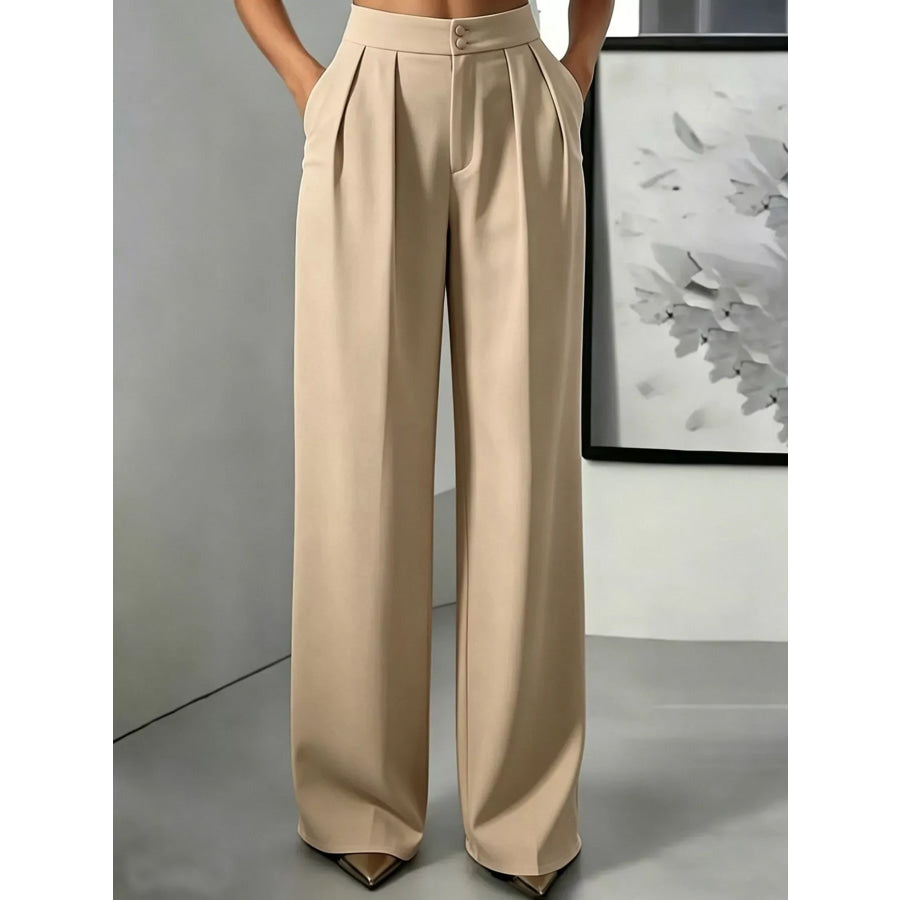 High-Waisted Pleated Wide-Leg Pants Khaki / S Apparel and Accessories