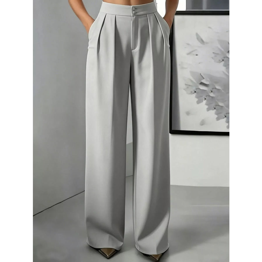 High-Waisted Pleated Wide-Leg Pants Light Gray / S Apparel and Accessories