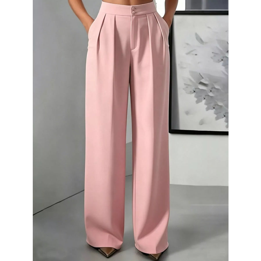 High-Waisted Pleated Wide-Leg Pants Pink / S Apparel and Accessories