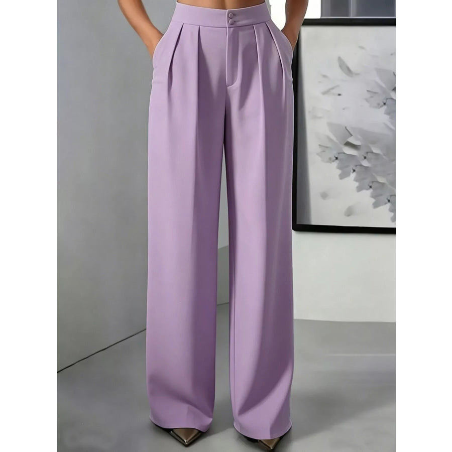 High-Waisted Pleated Wide-Leg Pants Purple / S Apparel and Accessories