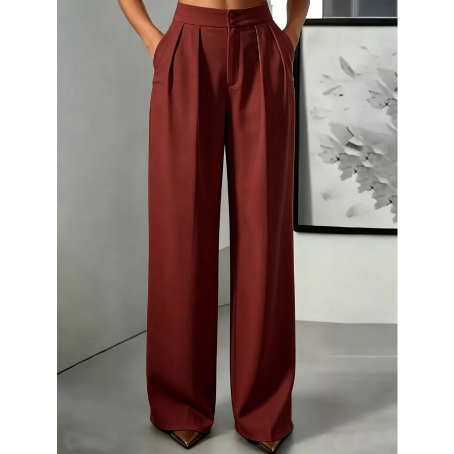 High-Waisted Pleated Wide-Leg Pants Red / S Apparel and Accessories