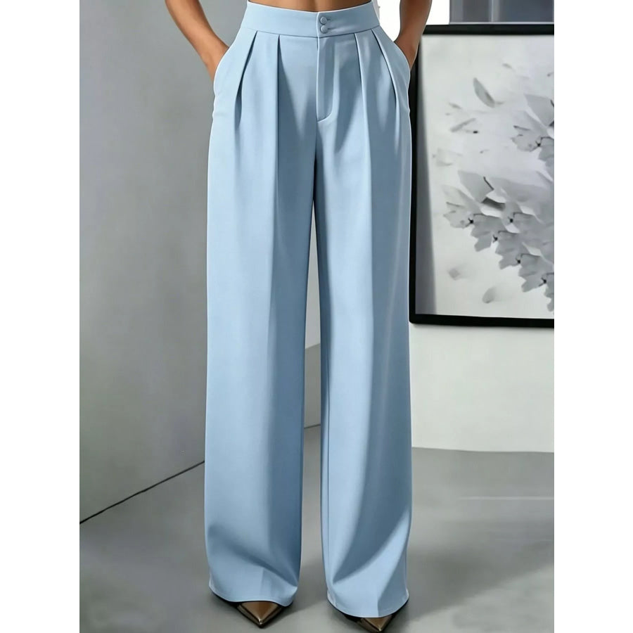 High-Waisted Pleated Wide-Leg Pants Sky Blue / S Apparel and Accessories