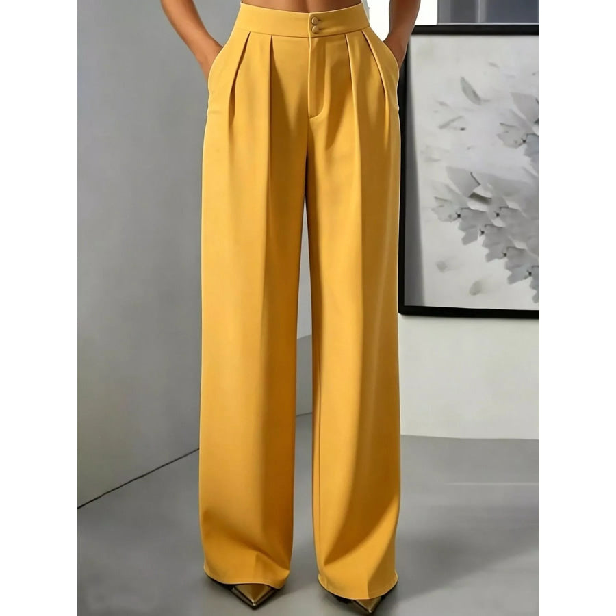 High-Waisted Pleated Wide-Leg Pants Yellow / S Apparel and Accessories