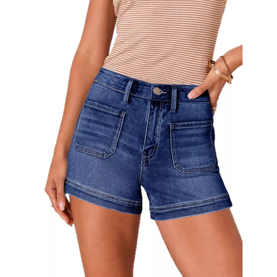 High-Waisted Pocketed Denim Shorts Dark Blue / S Apparel and Accessories