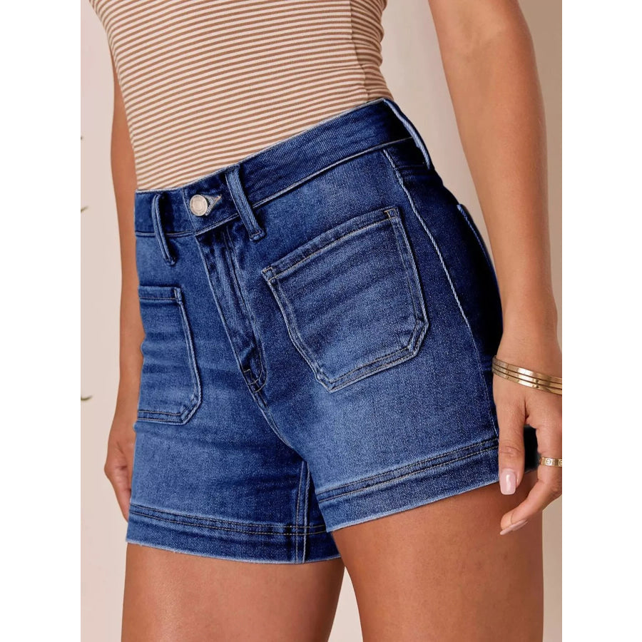 High-Waisted Pocketed Denim Shorts Dark Blue / S Apparel and Accessories