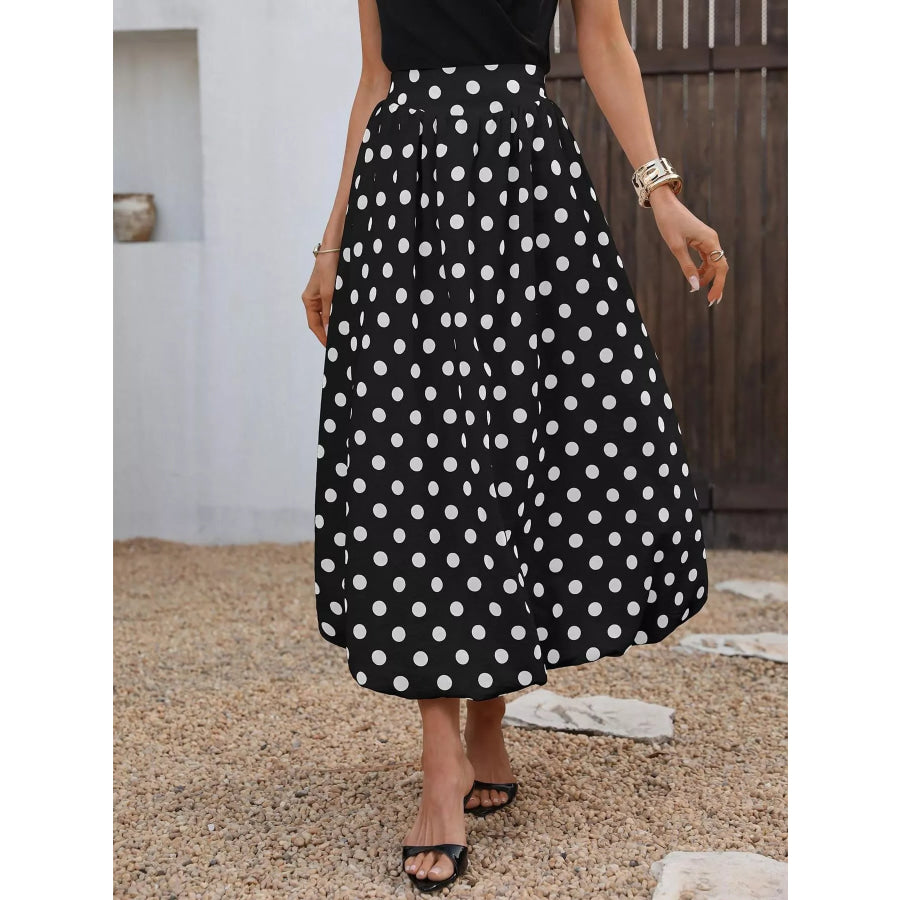 High-Waisted Polka Dot A-Line Midi Skirt Apparel and Accessories