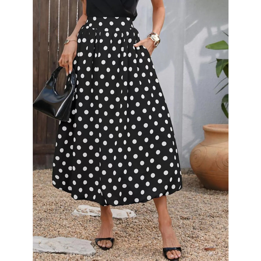 High-Waisted Polka Dot A-Line Midi Skirt Black / S Apparel and Accessories