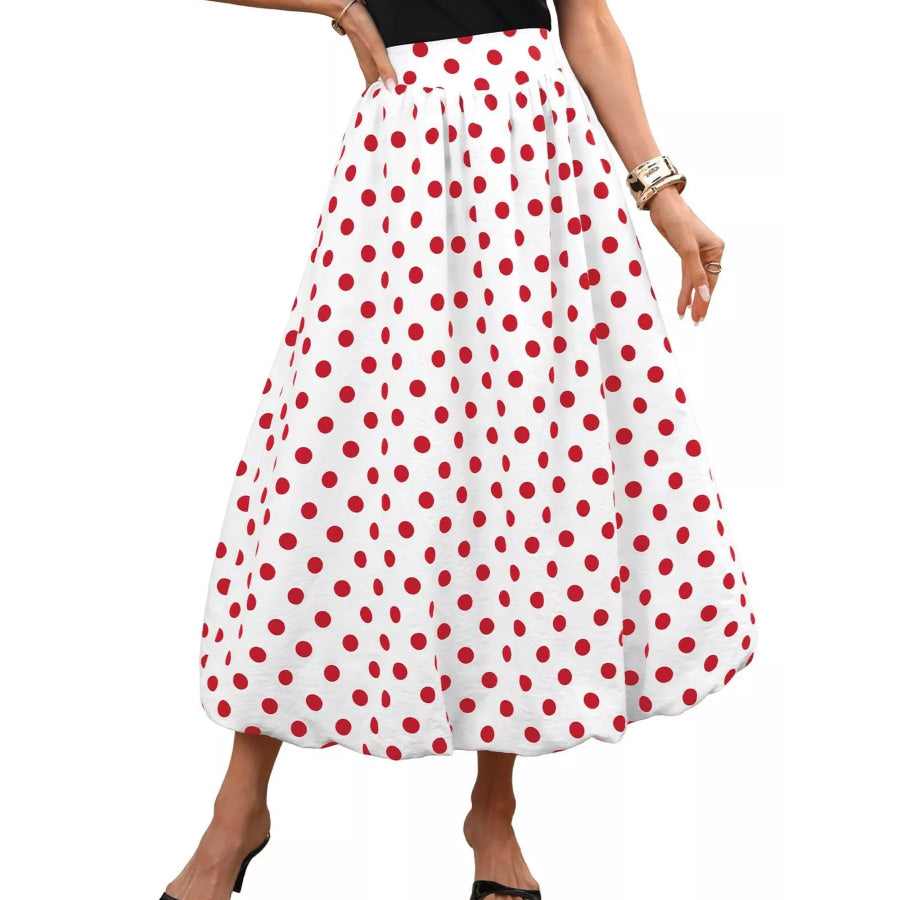 High-Waisted Polka Dot A-Line Midi Skirt White Red / S Apparel and Accessories
