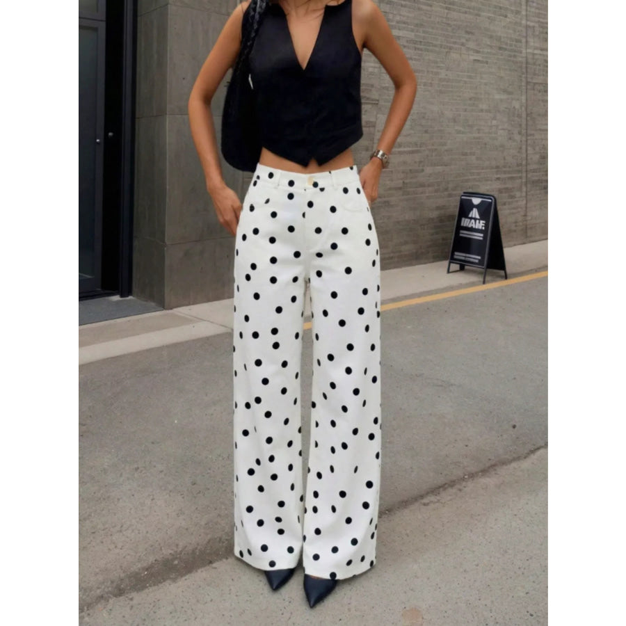 High-Waisted Polka Dot Wide-Leg Pants White / XS Apparel and Accessories