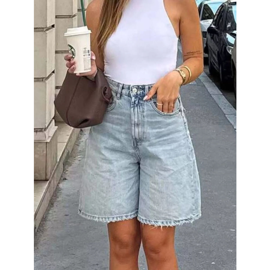 High-Waisted Raw Hem Denim Shorts Apparel and Accessories