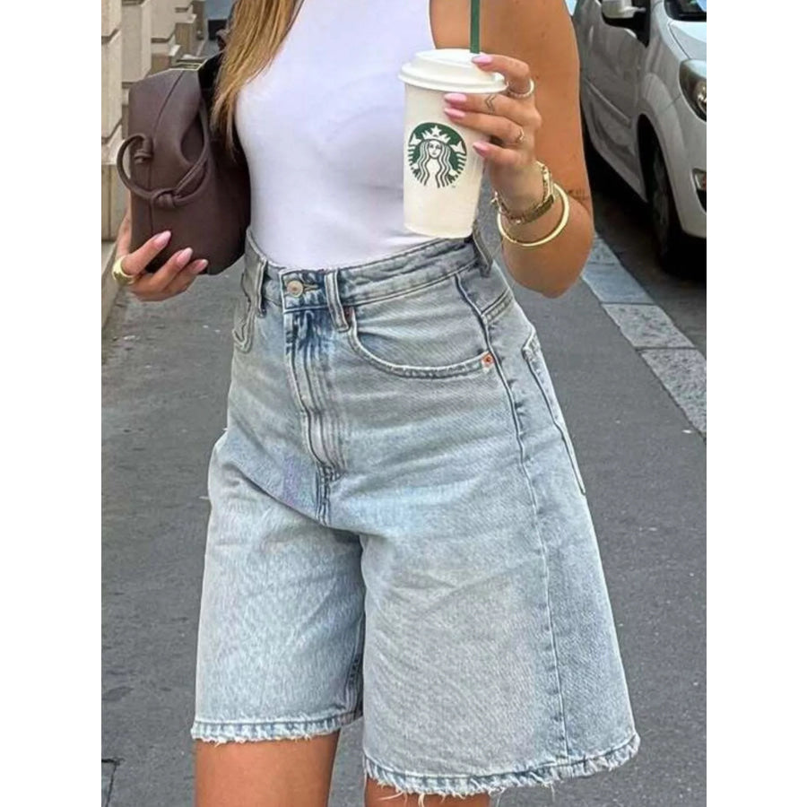 High-Waisted Raw Hem Denim Shorts Light Blue / S Apparel and Accessories