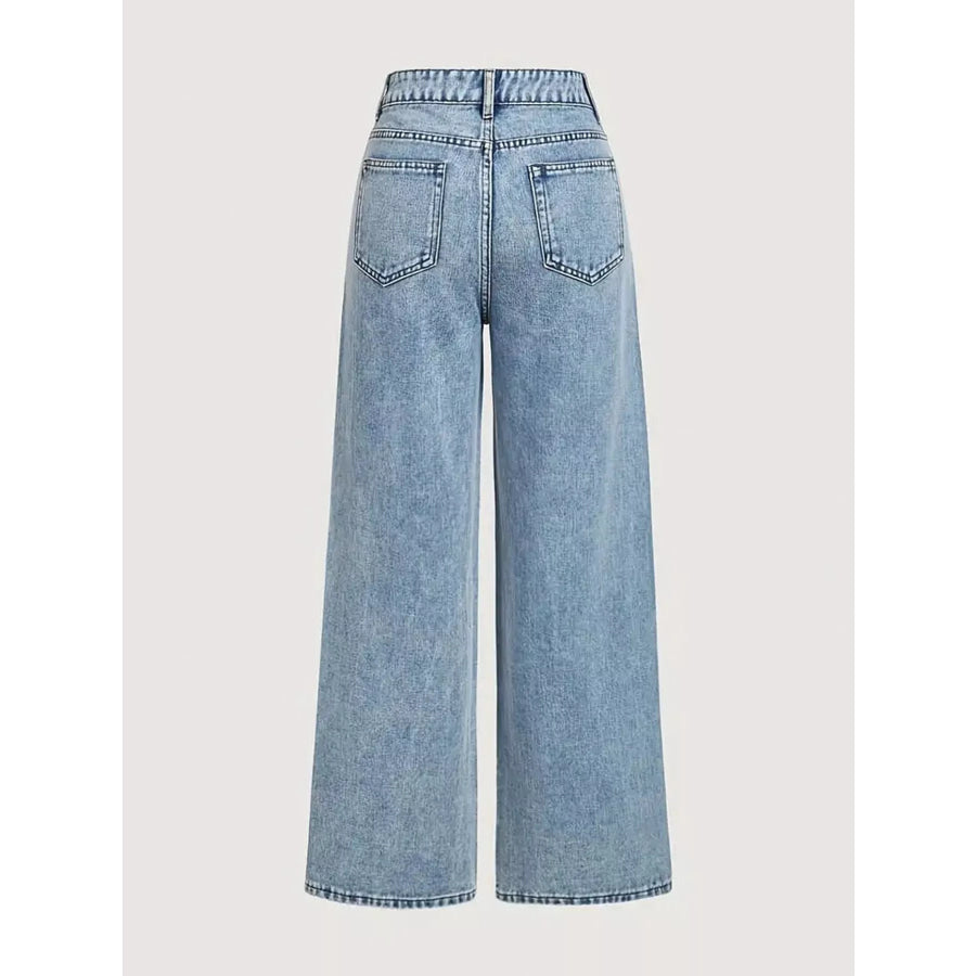 High-Waisted Rhinestone Wide-Leg Jeans Sky Blue / XS Apparel and Accessories
