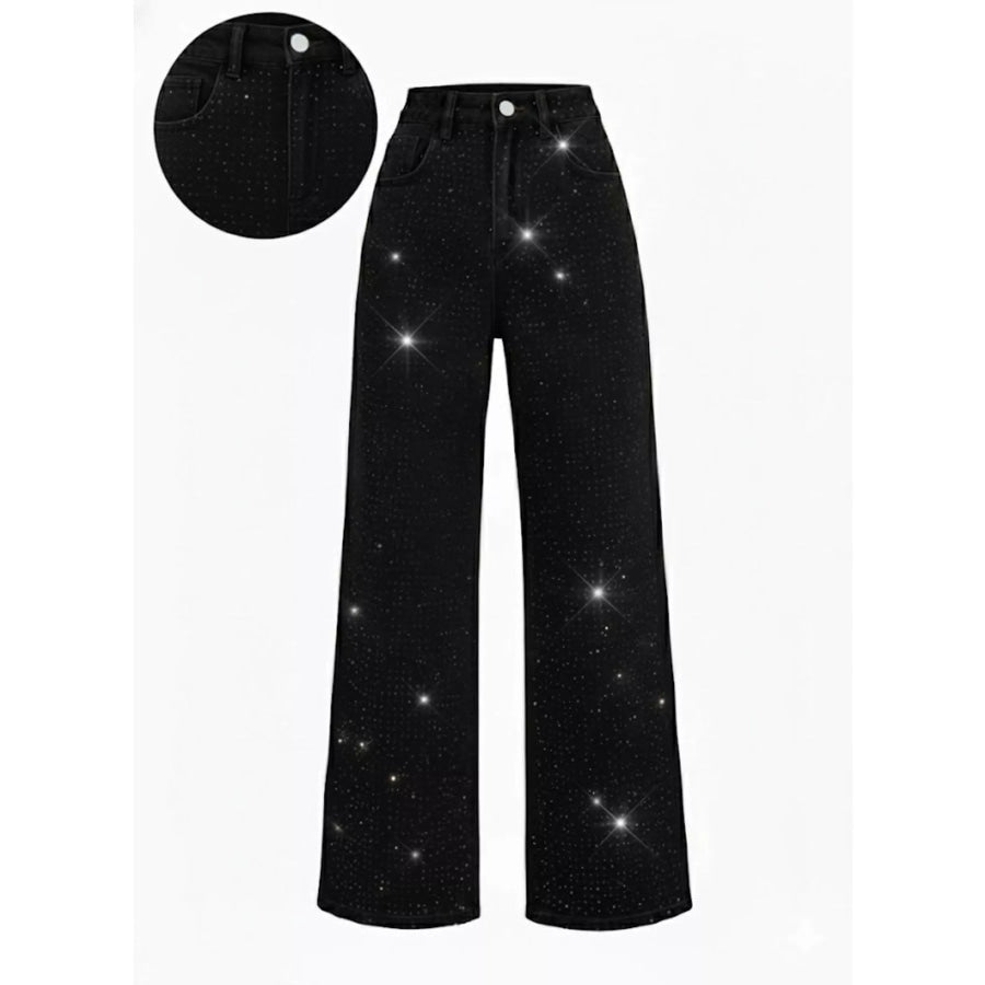 High-Waisted Rhinestone Wide-Leg Jeans Black / XS Apparel and Accessories