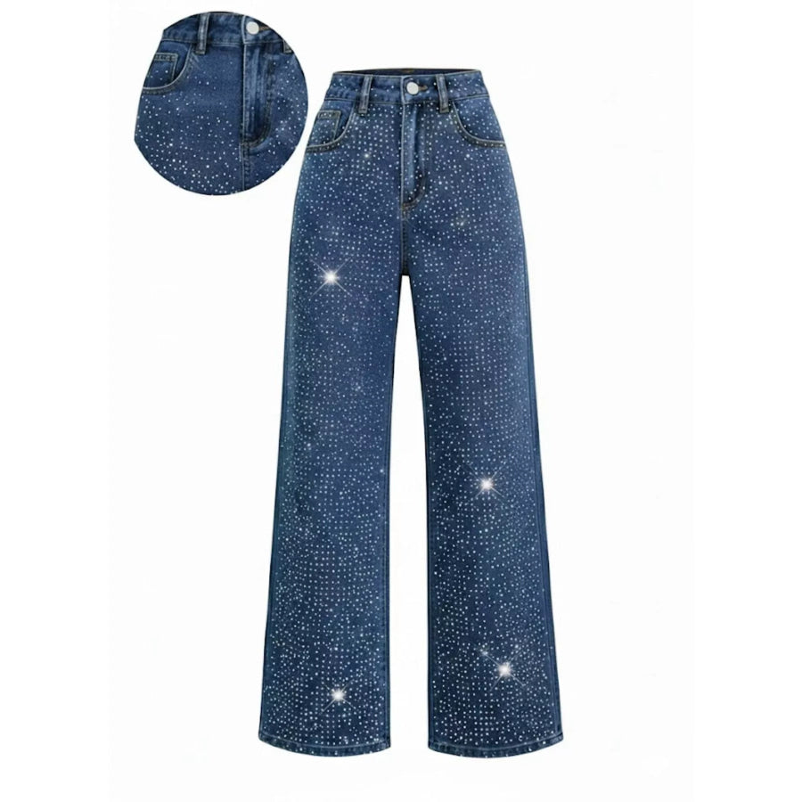 High-Waisted Rhinestone Wide-Leg Jeans Dark Blue / XS Apparel and Accessories