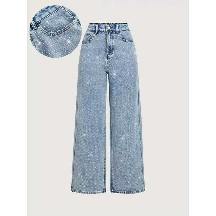 High-Waisted Rhinestone Wide-Leg Jeans Sky Blue / XS Apparel and Accessories