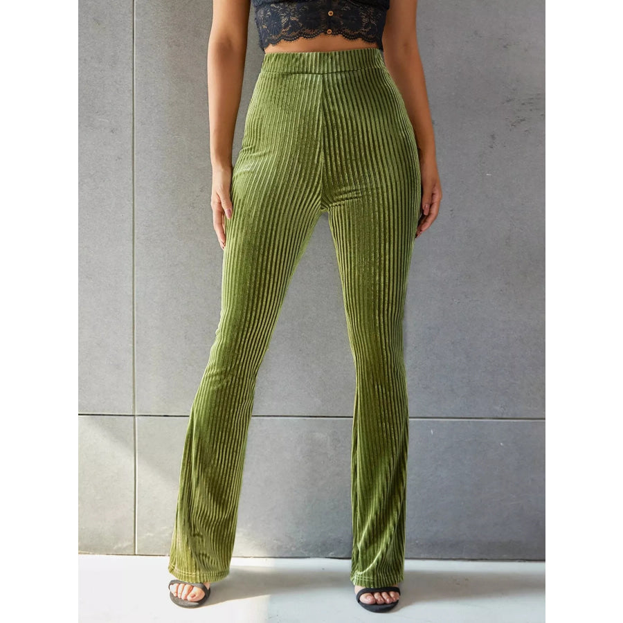 High-Waisted Ribbed Velvet Flare Pants Matcha Green / S Apparel and Accessories