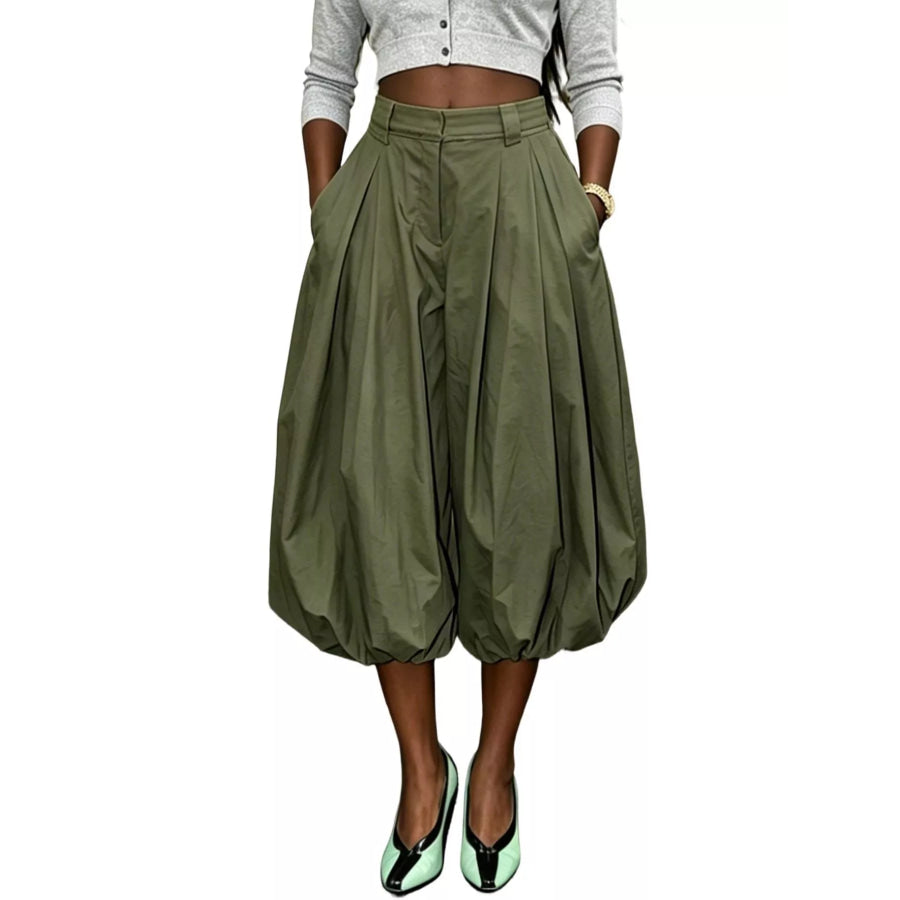 High-Waisted Ruched Balloon Pants Army Green / S Apparel and Accessories