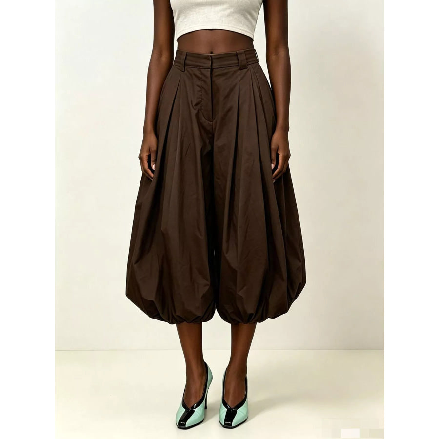 High-Waisted Ruched Balloon Pants Brown / S Apparel and Accessories