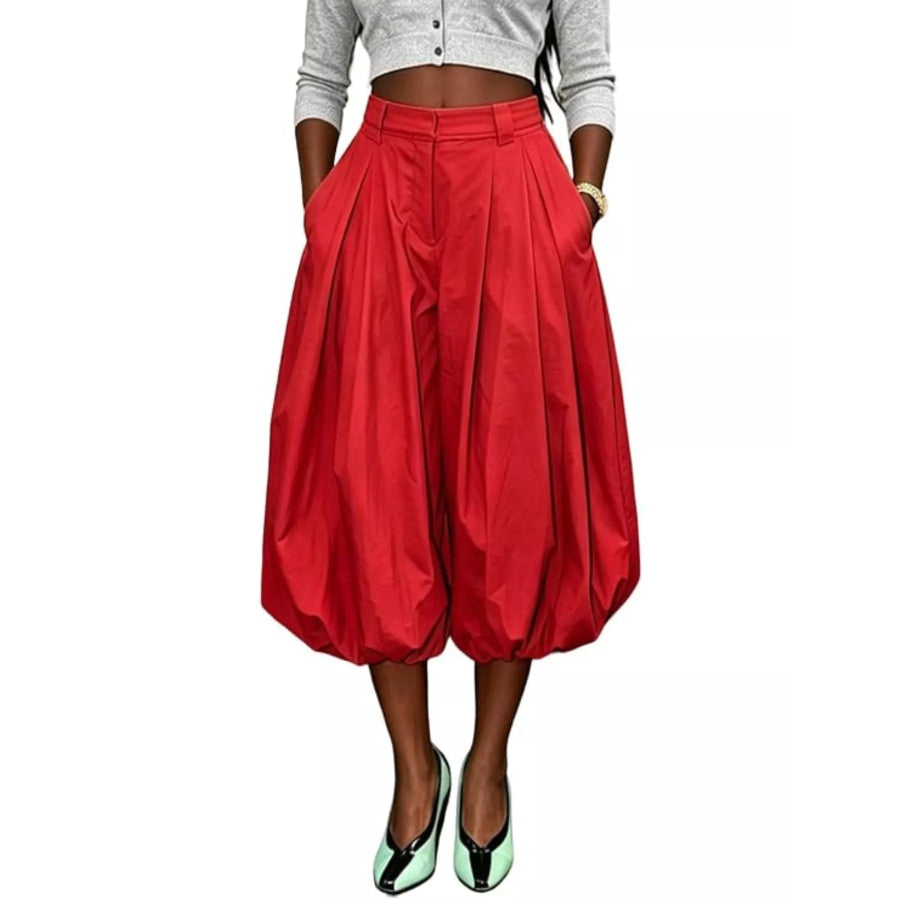 High-Waisted Ruched Balloon Pants Red / S Apparel and Accessories