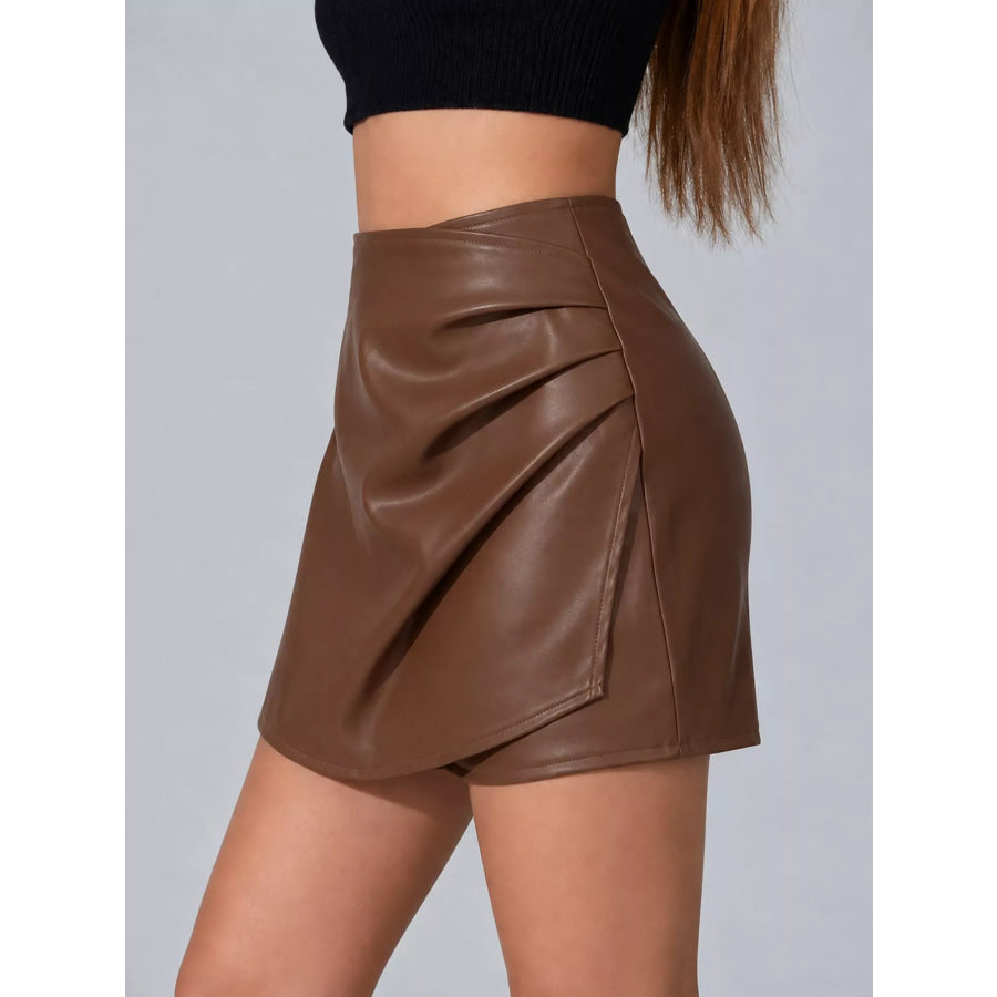 High-Waisted Ruched Faux Leather Skort Apparel and Accessories