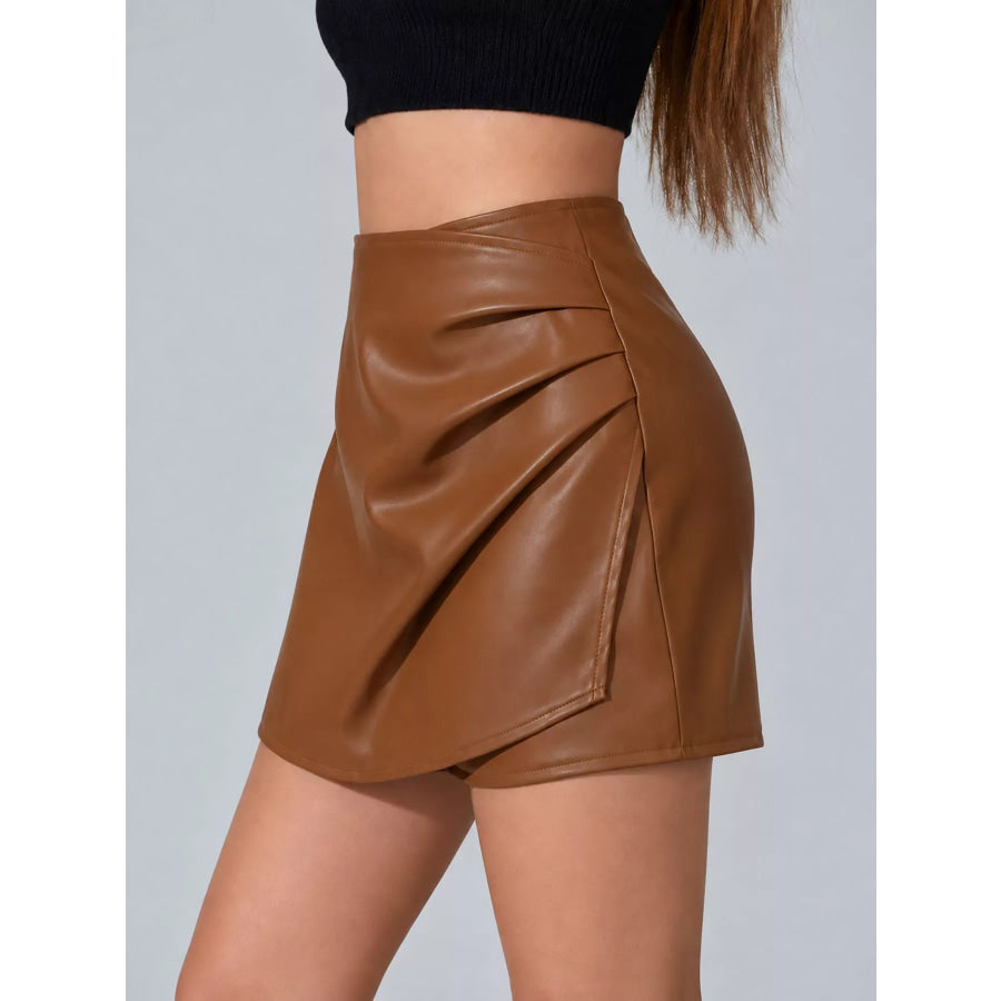 High-Waisted Ruched Faux Leather Skort Apparel and Accessories