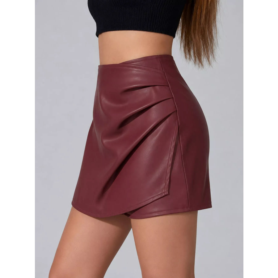 High-Waisted Ruched Faux Leather Skort Apparel and Accessories