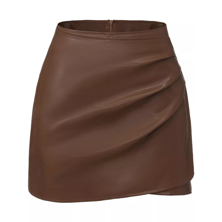 High-Waisted Ruched Faux Leather Skort Apparel and Accessories