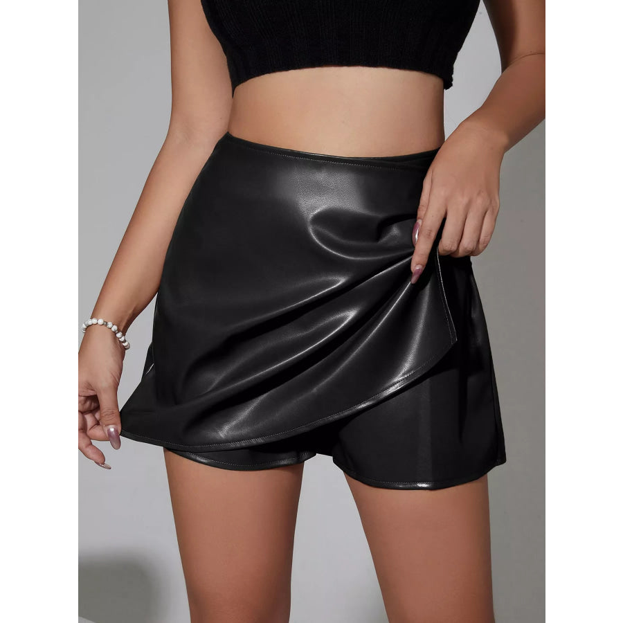 High-Waisted Ruched Faux Leather Skort Apparel and Accessories