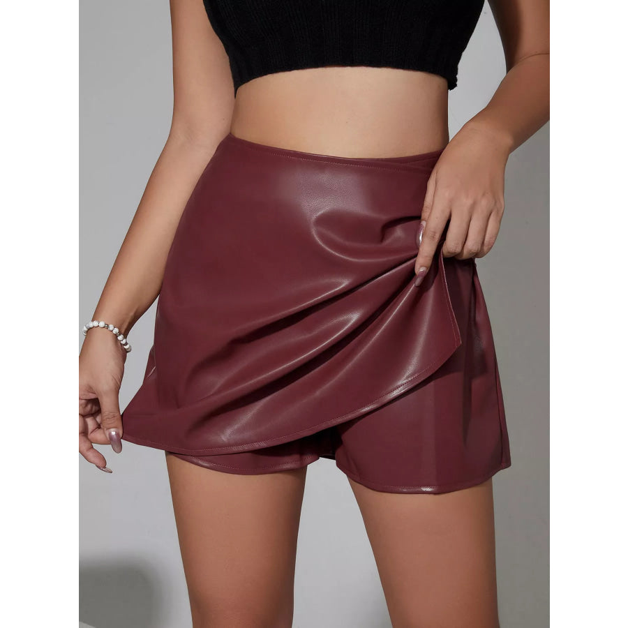 High-Waisted Ruched Faux Leather Skort Apparel and Accessories